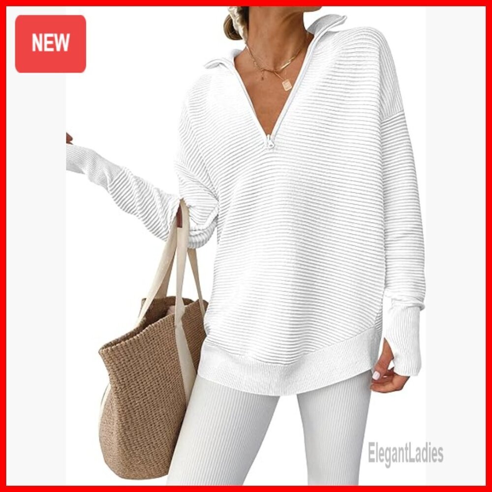 Long Sleeve Quarter Zip Pullover Sweater Ribbed Knit Loose Fit Thumb Hole